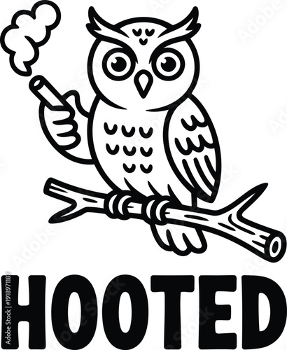 A cute cartoon owl sits on a tree branch, holding a smoking cigar with text HOOTED below