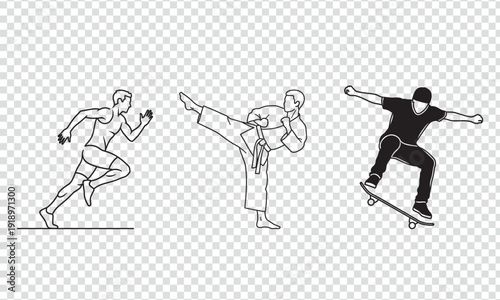 Three action packed illustrations of a runner a martial artist and a skateboarder in dynamic poses
