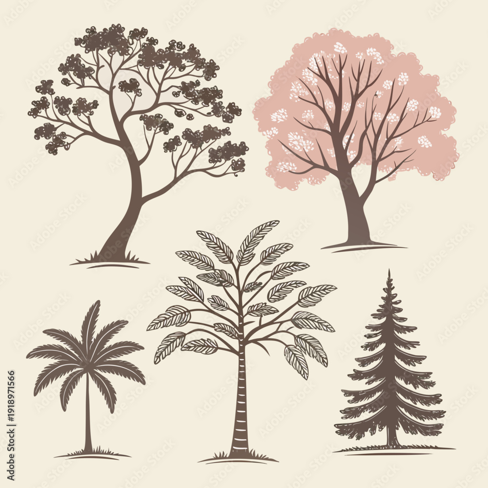 Fototapeta premium Diverse Tree Silhouette Collection. Various Botanical Vector Illustration Set.