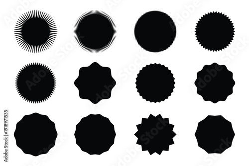 Large Set of Black Starburst and Sunburst Seal Icons Vector Shapes for Sale Badges Marketing Stickers Price Tags and Promotional Offer Graphics.