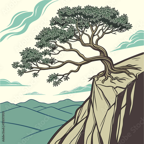 Gnarled Pine Tree on Cliff Edge, Inspiring Resilience and Strength
