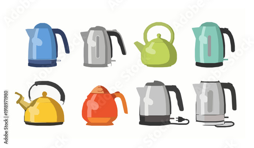 Flat Vector Tea Kettles Set with Colorful Kitchen Appliances for Home