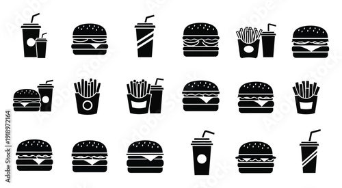 Collection of Black and White Fast Food Burgers, Fries, and Drinks