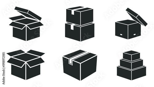 Collection of black and white representing various cardboard boxes and packaging