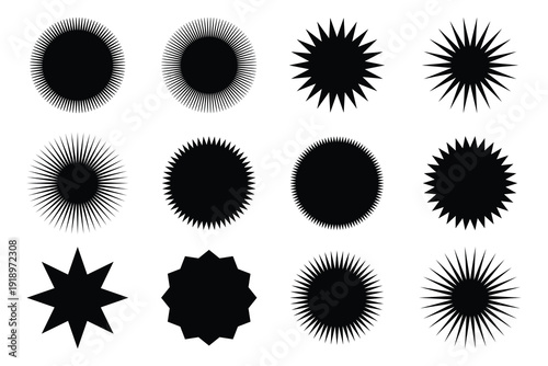 Large Set of Black Starburst and Sunburst Seal Icons Vector Shapes for Sale Badges Marketing Stickers Price Tags and Promotional Offer Graphics.