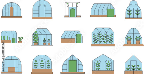 Minimalist Greenhouse Icon Set Illustration, Modern Glass Garden Houses with Plants and Doors Isolated on White Background