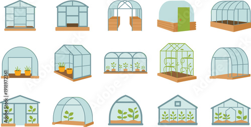 Minimalist Greenhouse Illustration Collection, Modern Glass Garden Structures with Plants and Seedlings Isolated on White Background