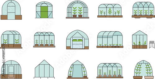 Minimalist Greenhouse Illustration Set, Modern Glasshouse Structures with Plants and Seedlings Isolated on White Background Collection