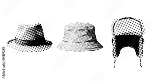 Vintage halftone hats – fedora, bucket, aviator headwear styles