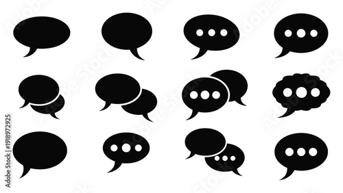 Collection of Black Speech Bubbles and Chat on White Background