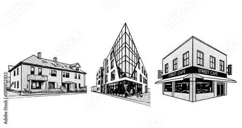 Black and white architectural sketches of diverse building styles