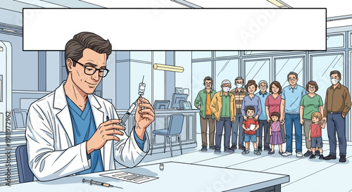 Medical professional preparing vaccine for patient group illustration