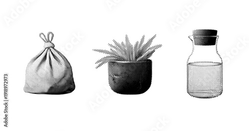 Eco-friendly bag, indoor potted plant, and glass water bottle arrangement