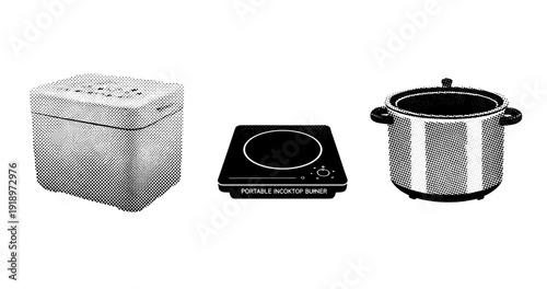 Retro kitchen appliances: bread maker, induction burner, and slow cooker