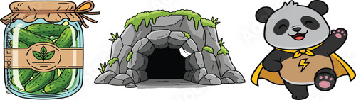 Cute Pickle Jar Cave and Superhero Panda Vector Illustration Set Isolated on White Background for Kids Cartoon Design