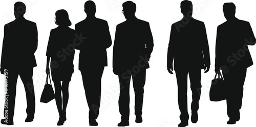 Business silhouettes, professional figures, corporate walking, office standing, workplace diversity, leadership presence, teamwork collaboration, formal attire, communication, productivity culture