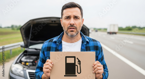 Man holding fuel shortage sign stands beside broken-down car on highway with open hood and blurred vehicles in the background