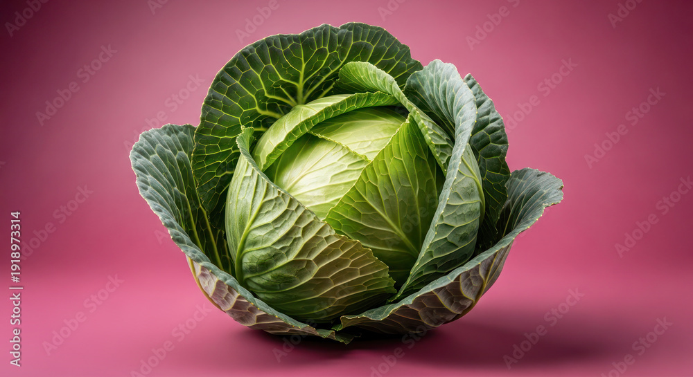 Obraz premium Fresh green cabbage with tightly packed leaves displayed against a vibrant pink background, showcasing its natural texture and color