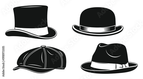 Collection of Four Classic Black Hats: Hat, Bowler, Flat Cap, and Fedora
