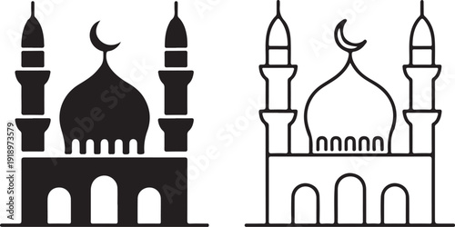 Islamic Mosque Building Icons with Crescent Moon Symbol in Outline and Solid Black Styles

