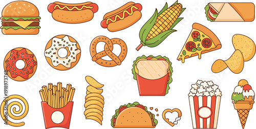 Fast food cartoon illustration set. Burger, pizza, fries and sweet snacks in cute flat style. Colorful junk food collection isolated on white background.