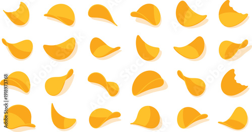 Potato chips flat illustration set. Twenty crispy snack pieces in bright yellow cartoon style. Minimalist food graphic isolated on white background.