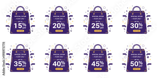 A set of purple shopping bags with different sale labels and flash promotions on a white background, used for business advertising