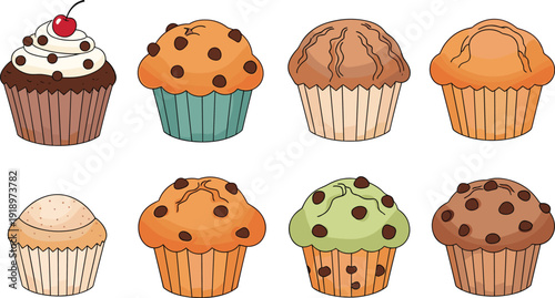 Cute cupcake and muffin illustration set. Eight assorted bakery treats soft cartoon watercolor style. Neat grid layout isolated on white background.