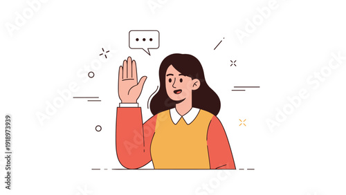 Young caucasian female character raising hand in cute cartoon style