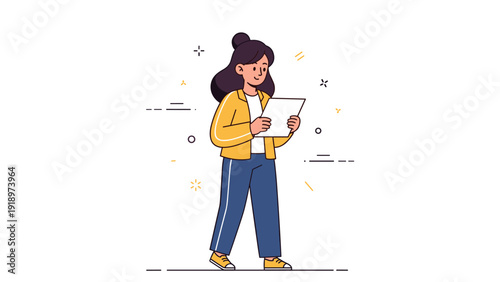 Asian female cartoon character holding paper in casual outfit