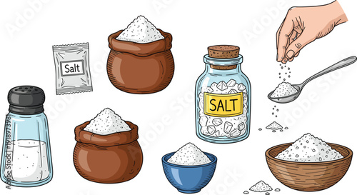Salt containers hand drawn illustration. Ceramic bowls, glass shaker and cork jar in rustic kitchen style. Culinary ingredient artwork isolated on white background.