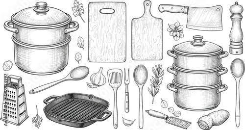 Kitchen utensils and cookware vintage sketch. Pots, cutting board and tools in detailed black and white engraving style. Rustic culinary illustration isolated on white background.