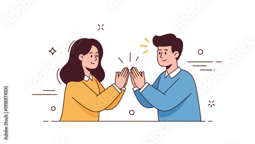 Illustration of smiling young asian female and male in high-five gesture