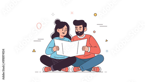 Cartoon couple reading map together, male and female characters, casual outfits