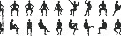 Collection of seated male silhouettes in various poses, men sitting isolated on white background vector illustration set