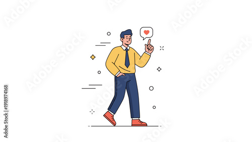 Cartoon male character walking confidently with heart icon in hand