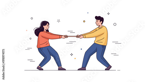 Cartoon tug of war: young caucasian female and male competing with rope