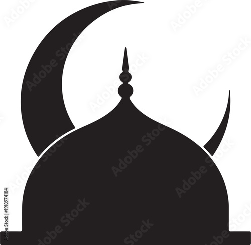 Silhouette of a mosque with crescent moon Vector,Mosque silhouette with crescent moon Symbol
