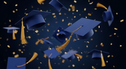 Floating blue graduation caps with golden tassels and confetti on a dark blue background