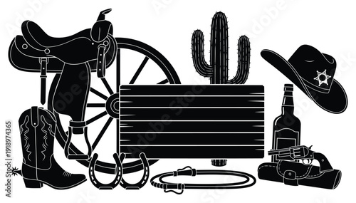 A collection of western-themed items including a saddle, cactus, cowboy hat, and boots