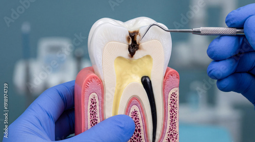 Dental professional's gloved hand examines a detailed tooth model illustrating severe decay, a cavity, and root canal therapy