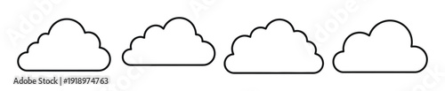 Four stylized cloud with black outlines on a white background