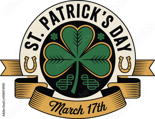 A St. Patrick's Day logo with a four leaf clover and horseshoes
