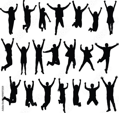 Jumping people silhouettes collection, energetic celebration poses, happy group motion, isolated black figures expressing freedom, excitement, teamwork, joy together