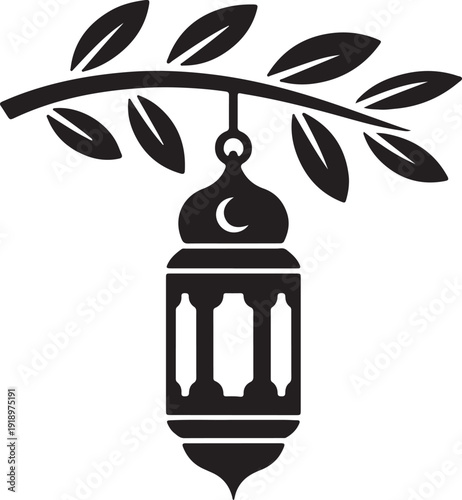 Ramadan kareem hanging lantern on tree branch vector illustration design,Arabic Lantern Hanging from a Branch Black Silhouette
