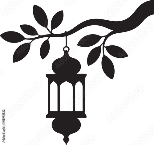 Ramadan kareem hanging lantern on tree branch vector illustration design,Arabic Lantern Hanging from a Branch Black Silhouette
