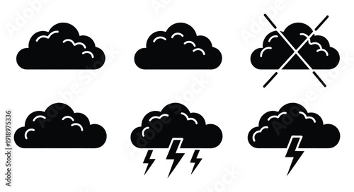 Set of black cloud with lightning and prohibition symbols