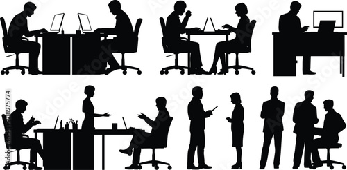 Silhouetted office workers collaborating, teamwork at desks, professional communication, workplace dynamics, modern business environment, corporate interaction illustration