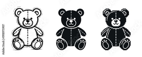 Three artistic teddy bear styles: sketch, minimalist, pixel art