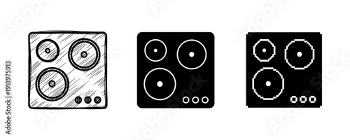 Set of three stove top designs in sketch and solid styles